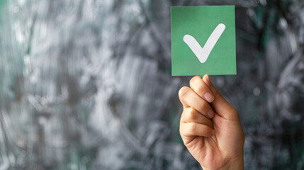 Hand holding green card with white checkmark against blurred metal background, approval concept