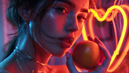 Sexually seductive girl against the background of oranges and a neon heart of passionate love. - obrazy, fototapety, plakaty
