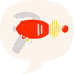 cartoon ray gun with speech bubble in retro style