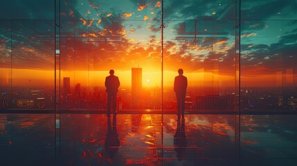 Silhouette of business people work together in office. Concept of teamwork and partnership. double exposure with light effects	
