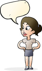 cartoon woman with hands on hips with speech bubble