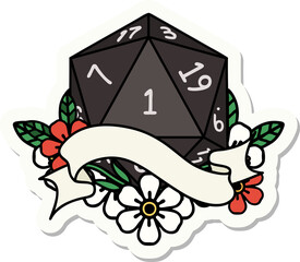 sticker of a natural one d20 dice roll
