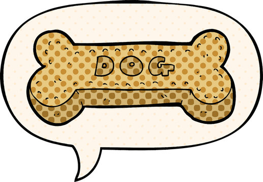 cartoon dog biscuit with speech bubble in comic book style