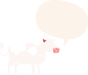 cartoon cow with speech bubble in retro style