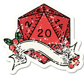 grunge sticker of a natural twenty D20 dice roll