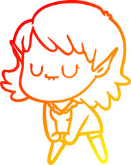 warm gradient line drawing of a happy cartoon elf girl posing
