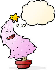 cartoon dancing christmas tree with thought bubble