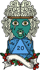 Retro Tattoo Style half orc barbarian with natural twenty dice roll