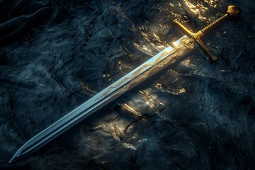 Venerable Ancient sword fantasy silver. Myth metal. Generate Ai - obrazy, fototapety, plakaty