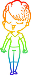 rainbow gradient line drawing of a happy cartoon girl