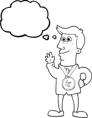 freehand drawn thought bubble cartoon waving man with award