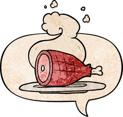 cartoon cooked meat with speech bubble in retro texture style