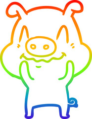 rainbow gradient line drawing of a nervous cartoon pig