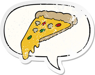 cartoon pizza slice with speech bubble distressed distressed old sticker