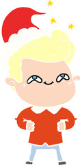 hand drawn flat color illustration of a excited man wearing santa hat