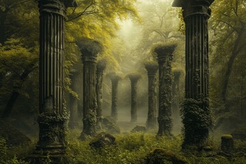 Towering Antique columns in green forest. Summer travel. Generate Ai