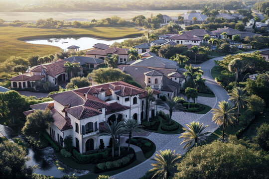 Luxurious homes with red-tiled roofs, surrounded by lush greenery, beautifully illuminated by the golden sunrise near a serene lak