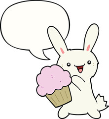 cute cartoon rabbit with muffin with speech bubble