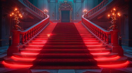 Red glowing carpet and ceremonial VIP staircase, close up. VIP luxury entrance with red carpet. interior of the palace