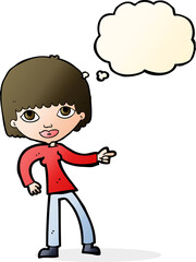 cartoon woman pointing with thought bubble