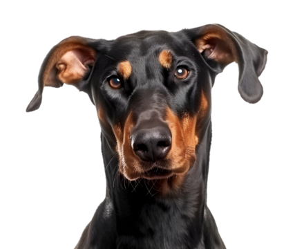 Dog doberman sitting in front of camera isolated on transparent background