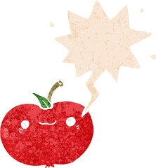 cartoon apple with speech bubble in grunge distressed retro textured style