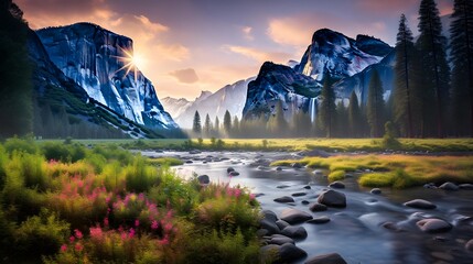 Beautiful panorama of a mountain river at sunset. Mountain landscape