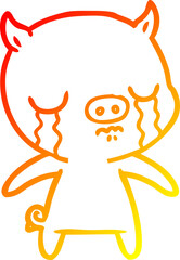 warm gradient line drawing of a cartoon pig crying