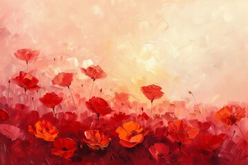 Obraz na płótnie Canvas Flowering field painted with oil paints. Oil painting of splendid red poppy wildflowers bathed in the warm glow of a sunrise, alive with vivid colors and artistic vibrance