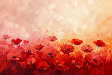 Flowering field painted with oil paints. Oil painting of splendid  red poppy wildflowers bathed in the warm glow of a sunrise, alive with vivid colors and artistic vibrance