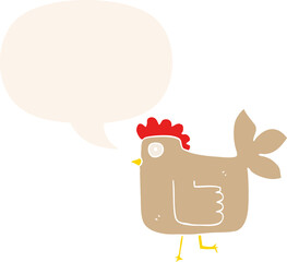 cartoon chicken with speech bubble in retro style
