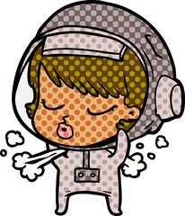 cartoon pretty astronaut girl taking off space helmet