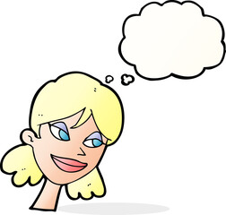 cartoon happy female face with thought bubble