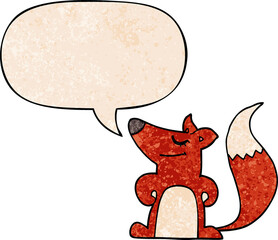 cartoon fox with speech bubble in retro texture style