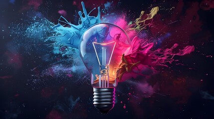 lightbulb turned on with paint of different colors flying around it and a black background