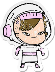 distressed sticker of a cartoon astronaut woman