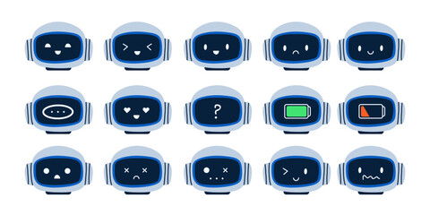 Robot emotions. Chatbot assistant emotions, cute ai symbol, tech mascot. Happy or sad funny face. Robotic machine high and low battery. Vector cartoon flat style isolated smile character illustration
