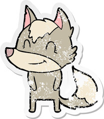 distressed sticker of a friendly cartoon wolf