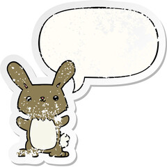 cute cartoon rabbit with speech bubble distressed distressed old sticker