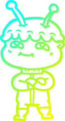 cold gradient line drawing of a friendly cartoon spaceman