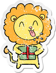 distressed sticker of a happy cartoon lion