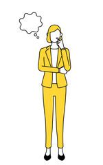 Simple line drawing illustration of a businesswoman in a suit thinking while scratching his face.