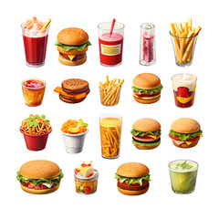 Colorful 3D Icon Sets of fast food dishes isolated on transparent background