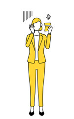 Simple line drawing illustration of a businesswoman in a suit looking at his bankbook and feeling depressed.