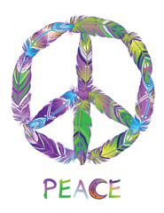 Peace sign made of colored bird feathers. Hippie symbol. Sixties Boho Style. Tribal Native American Indians Motifs. Design for T-shirt. Vector illustration. - 775866436
