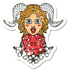 grunge sticker of a tiefling with natural twenty dice roll