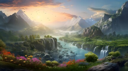 Beautiful panoramic landscape with a waterfall at sunrise in the mountains