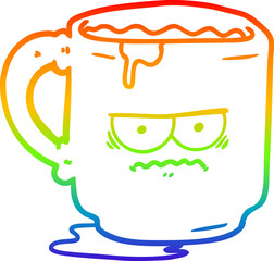 rainbow gradient line drawing of a cartoon dirty office mug