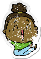 distressed sticker of a cartoon happy old lady
