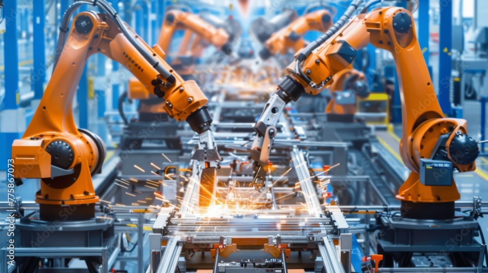 Poster robots working on conveyor belt in factory